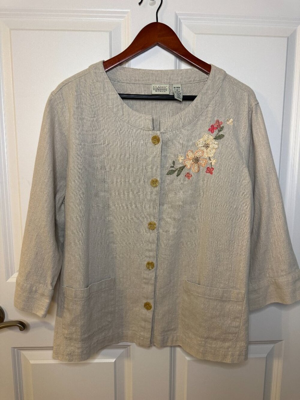 Vintage 90s Linen Blend Embroidered Floral Jacket Cottagecore Grandmacore